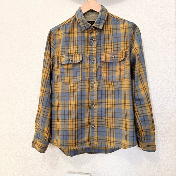 A.P.C Rue Madame Paris Plaid Flannel Shirt wool blend brown sz Medium excellent